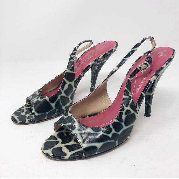 KATE SPADE | Giraffe Print Sling Back Heels Black White Turquoise Women’s Size 8 - Picture 1 of 10
